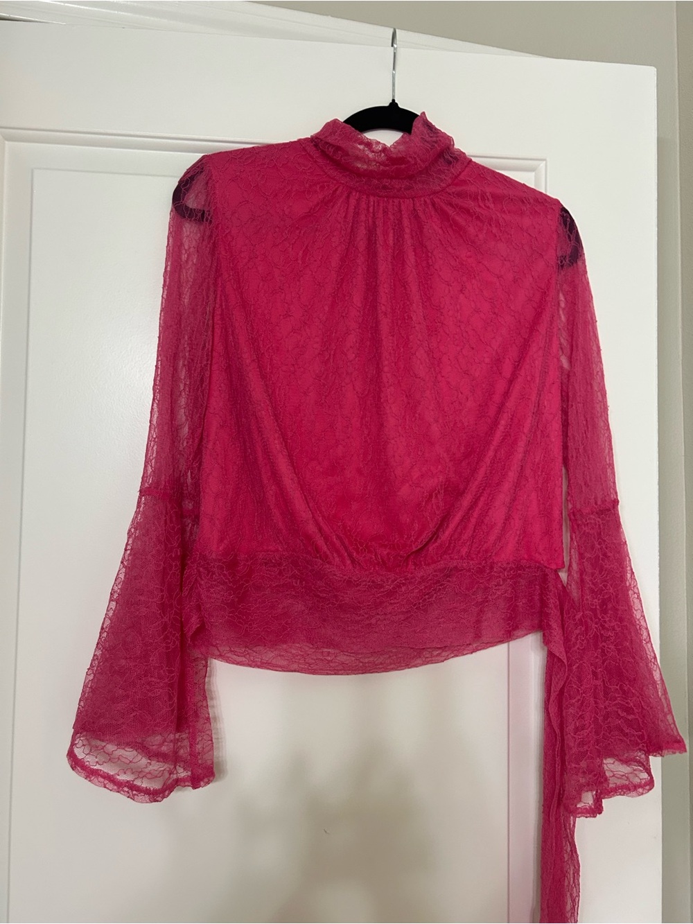 New York & Company Fuchsia Lace High-Neck Blouse